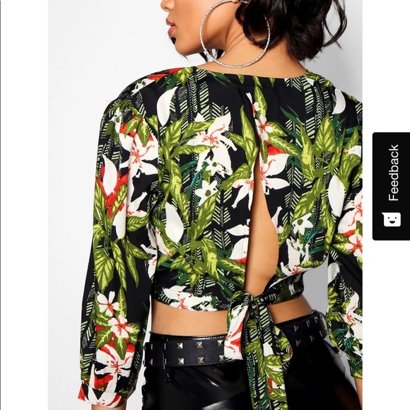 Leaf Print Tie Back Crop Top - Picture 4 of 8